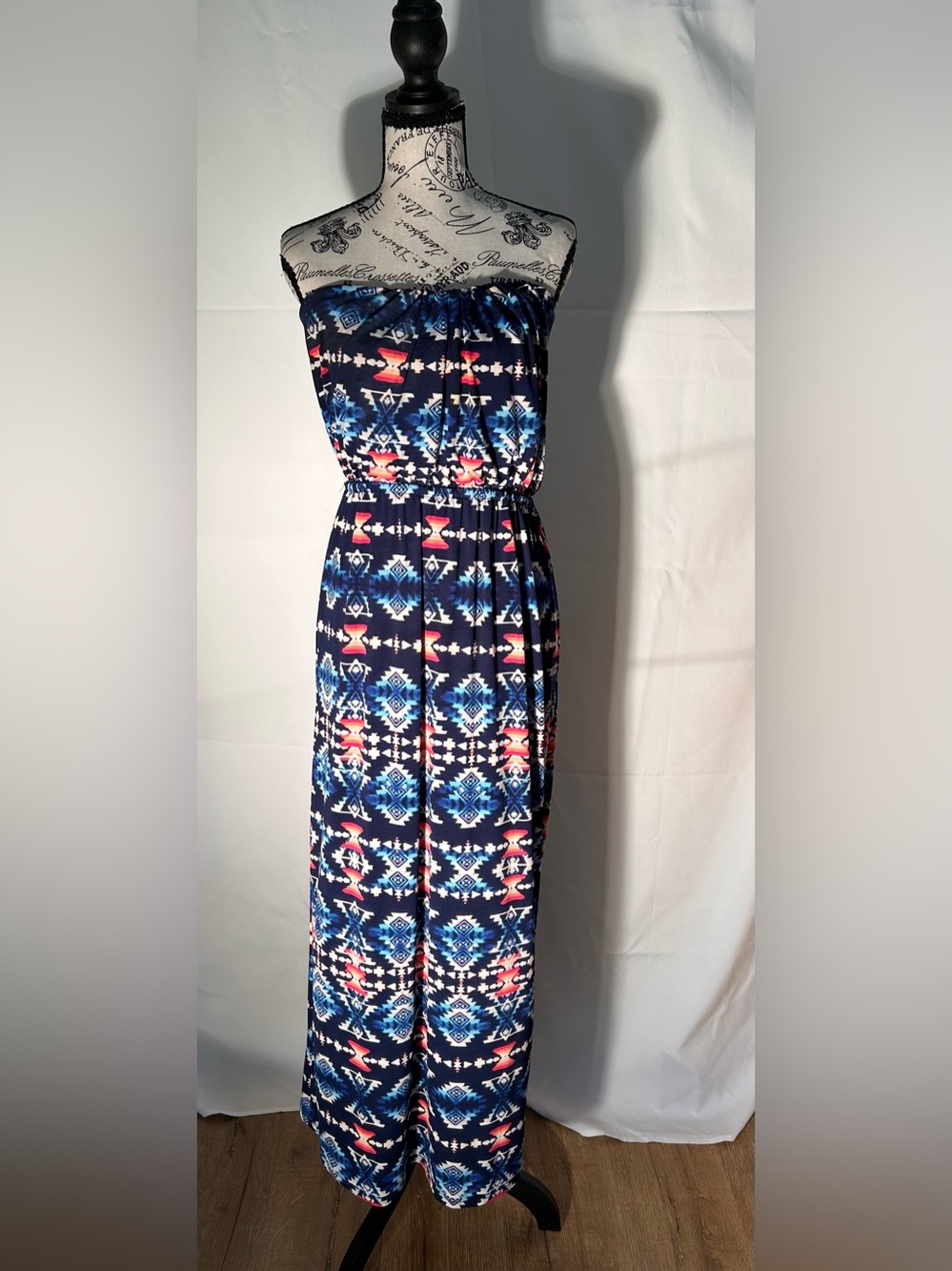 Strapless Navy Aztec Maxi Dress - Blue Pattern